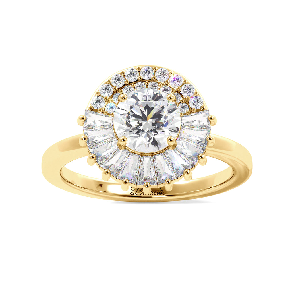 Round Tapered Baguette Halo Solitaire Diamond Engagement Ring