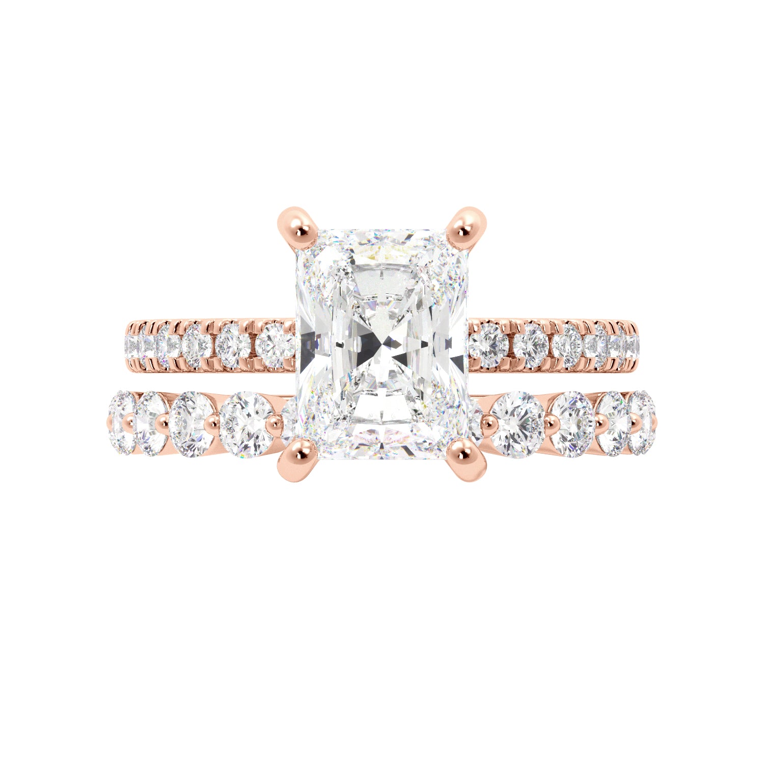 Radiant Cut Half Eternity with Hidden Halo Engagement Ring Set