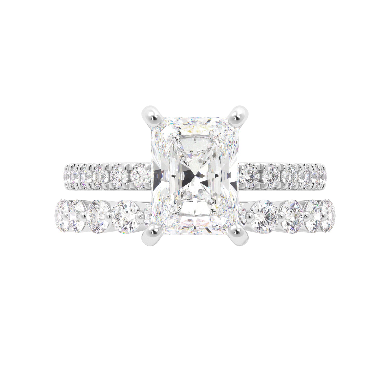 Radiant Cut Half Eternity with Hidden Halo Engagement Ring Set
