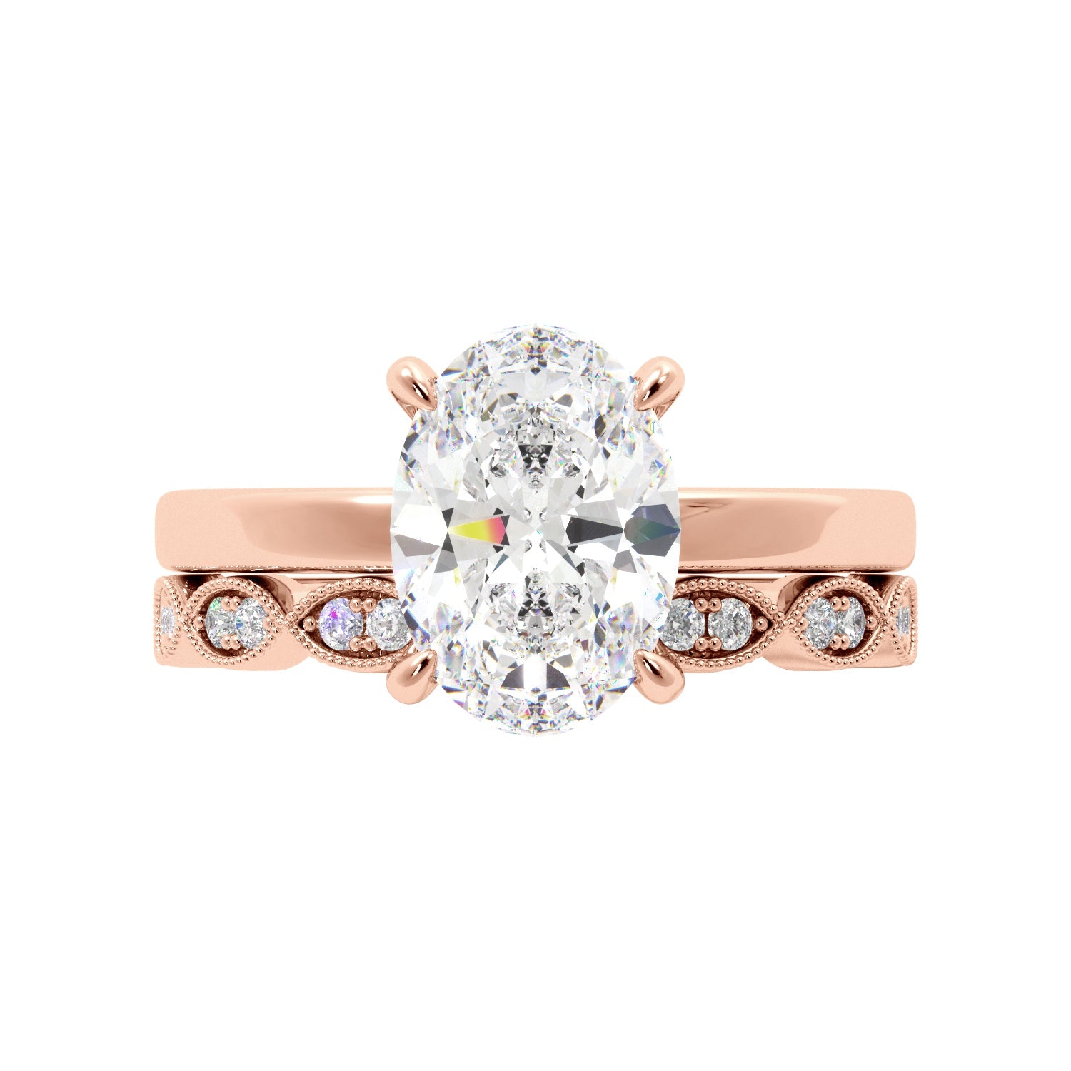Oval Diamond Solitaire Hidden Halo Rose Gold Engagement Ring Set