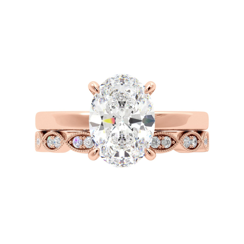 Oval Diamond Solitaire Hidden Halo Rose Gold Engagement Ring Set
