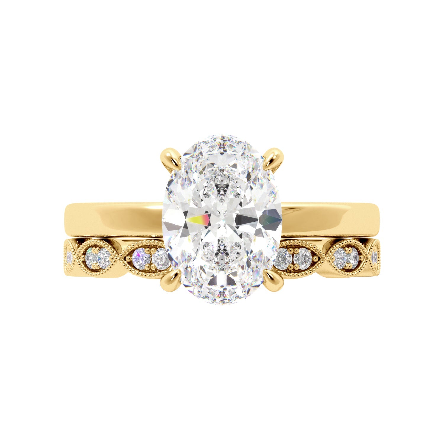 Oval Diamond Solitaire Hidden Halo Yellow Gold Engagement Ring Set