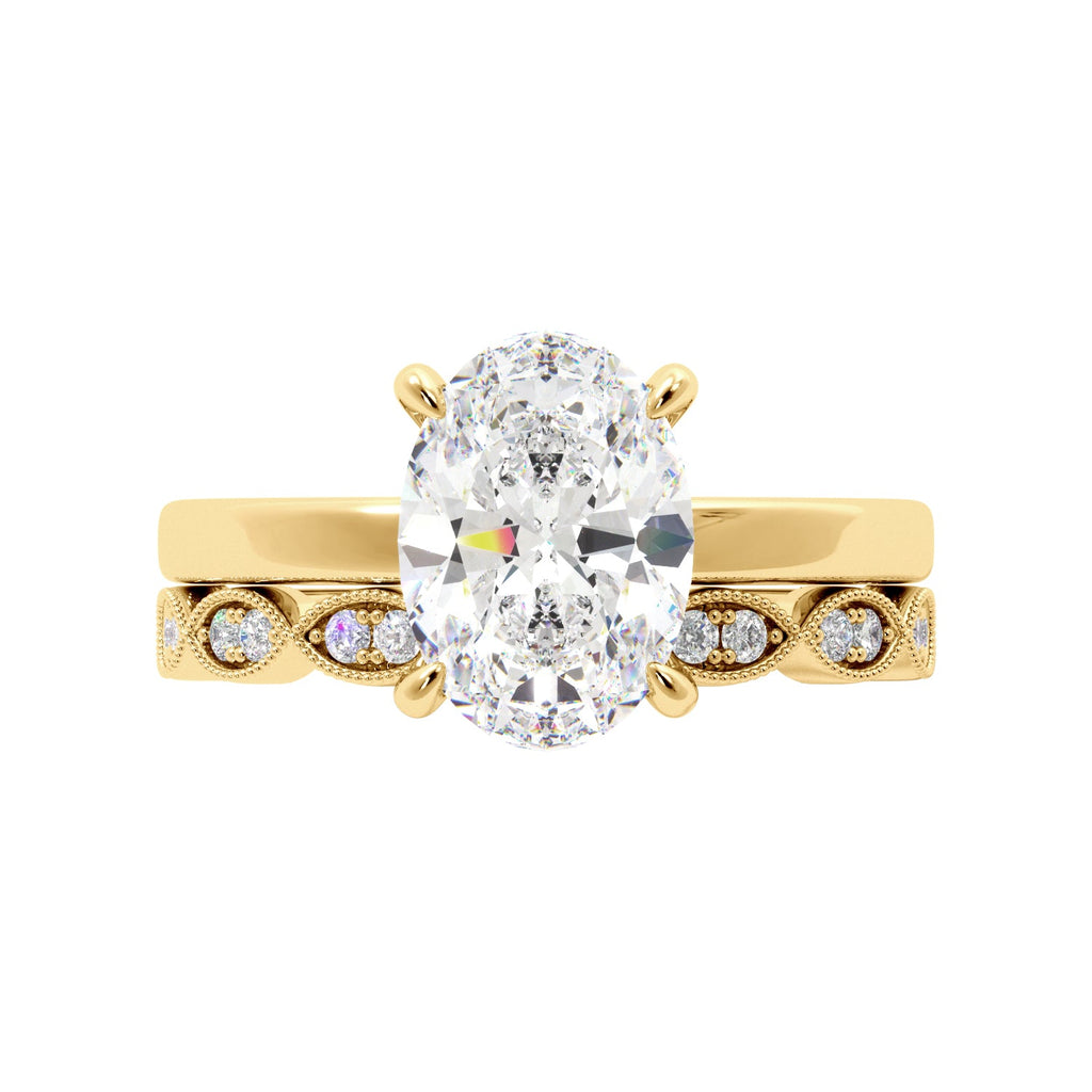 Oval Diamond Solitaire Hidden Halo Yellow Gold Engagement Ring Set