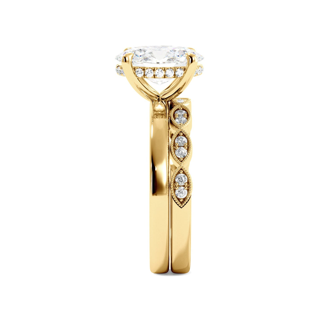 Oval Diamond Solitaire Hidden Halo Yellow Gold Engagement Ring Set Side