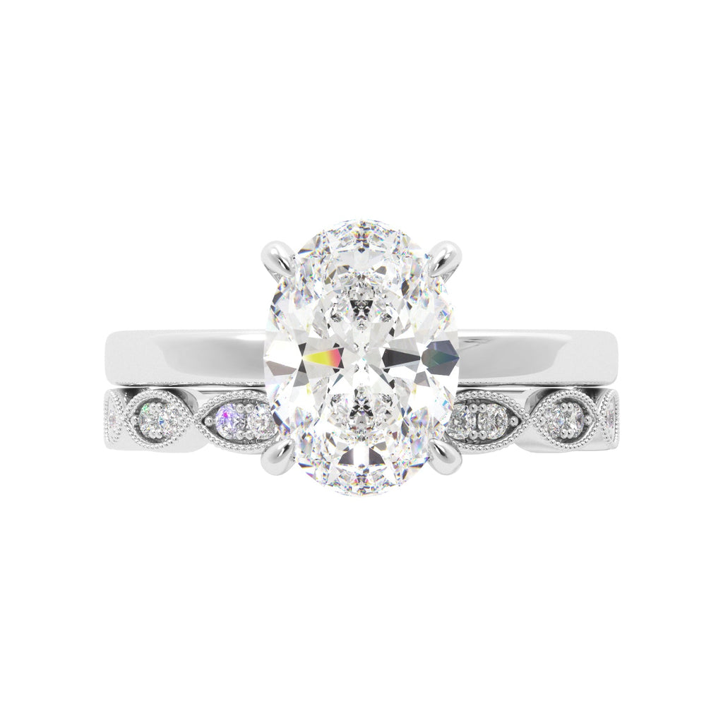Oval Diamond White Gold Solitaire Hidden Halo Engagement Ring Set