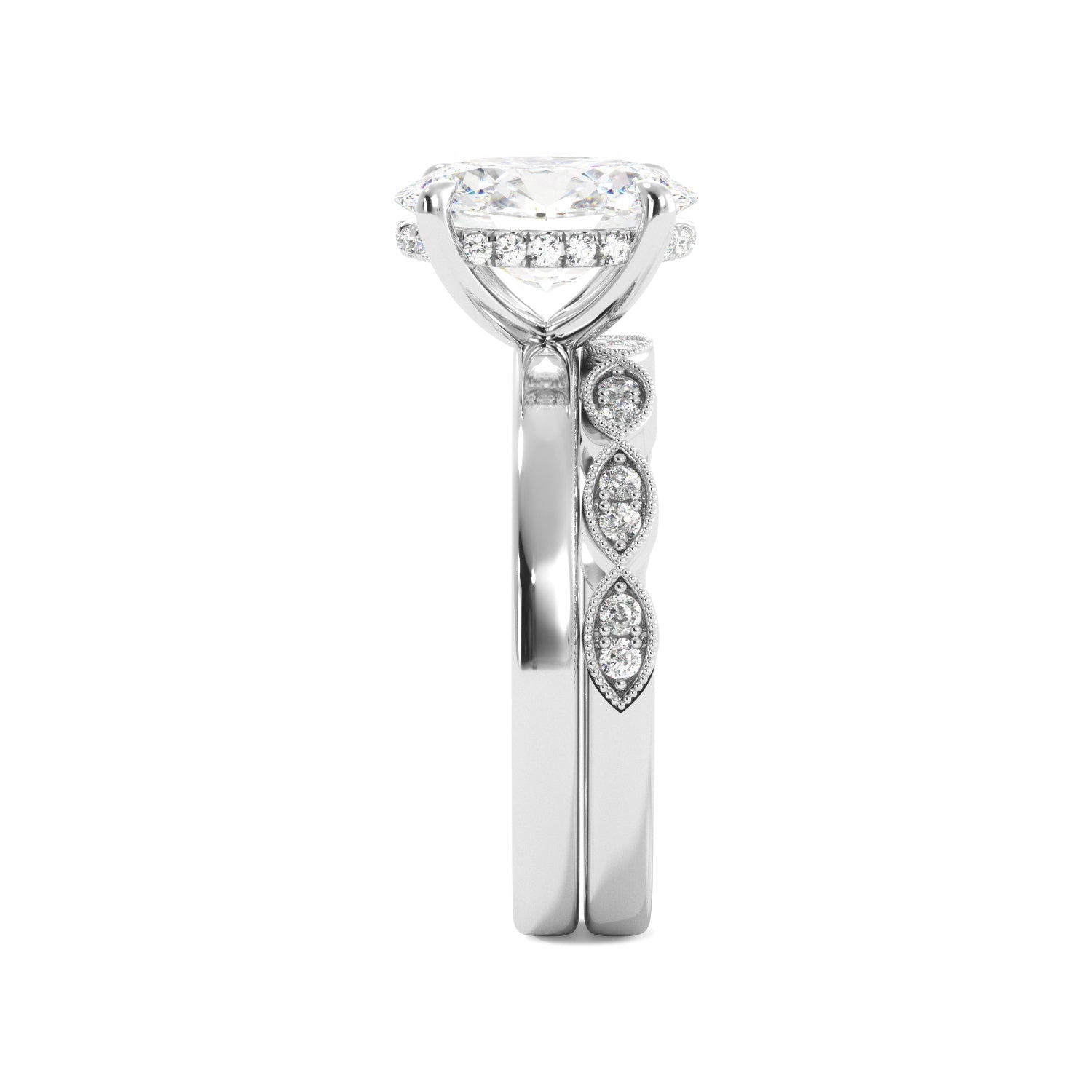 Oval Diamond White Gold Solitaire Hidden Halo Engagement Ring Set Side View 