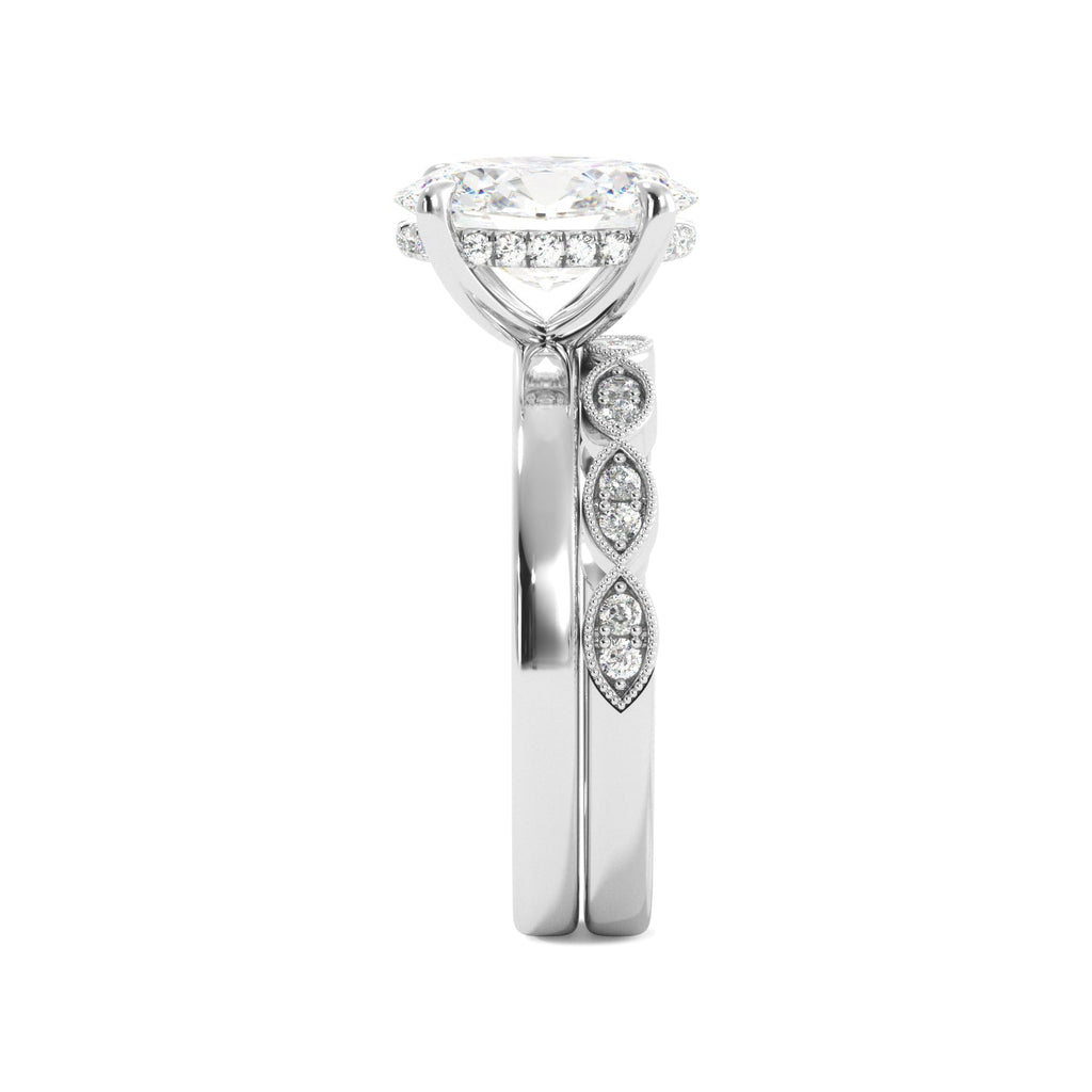 Oval Diamond White Gold Solitaire Hidden Halo Engagement Ring Set Side View 