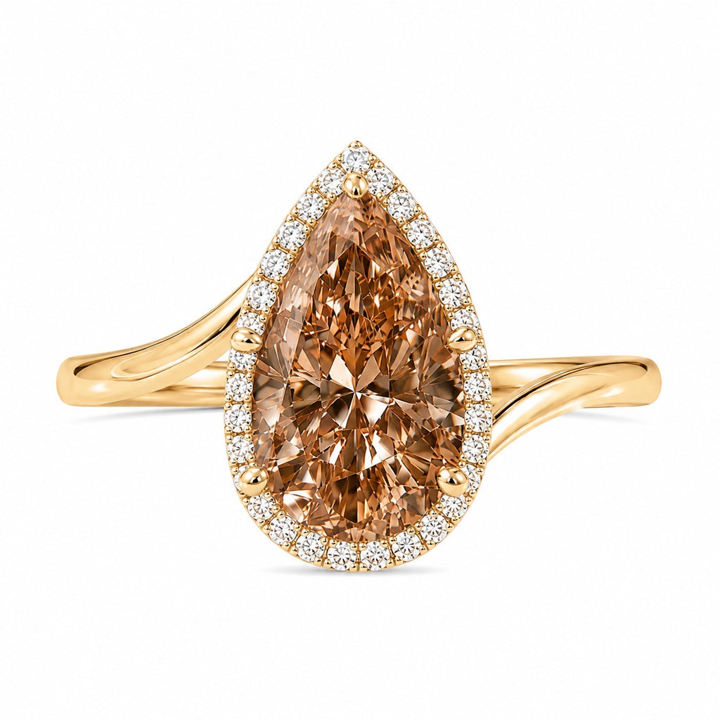 Pear Brown Diamond Halo Yellow Gold Bypass Ring