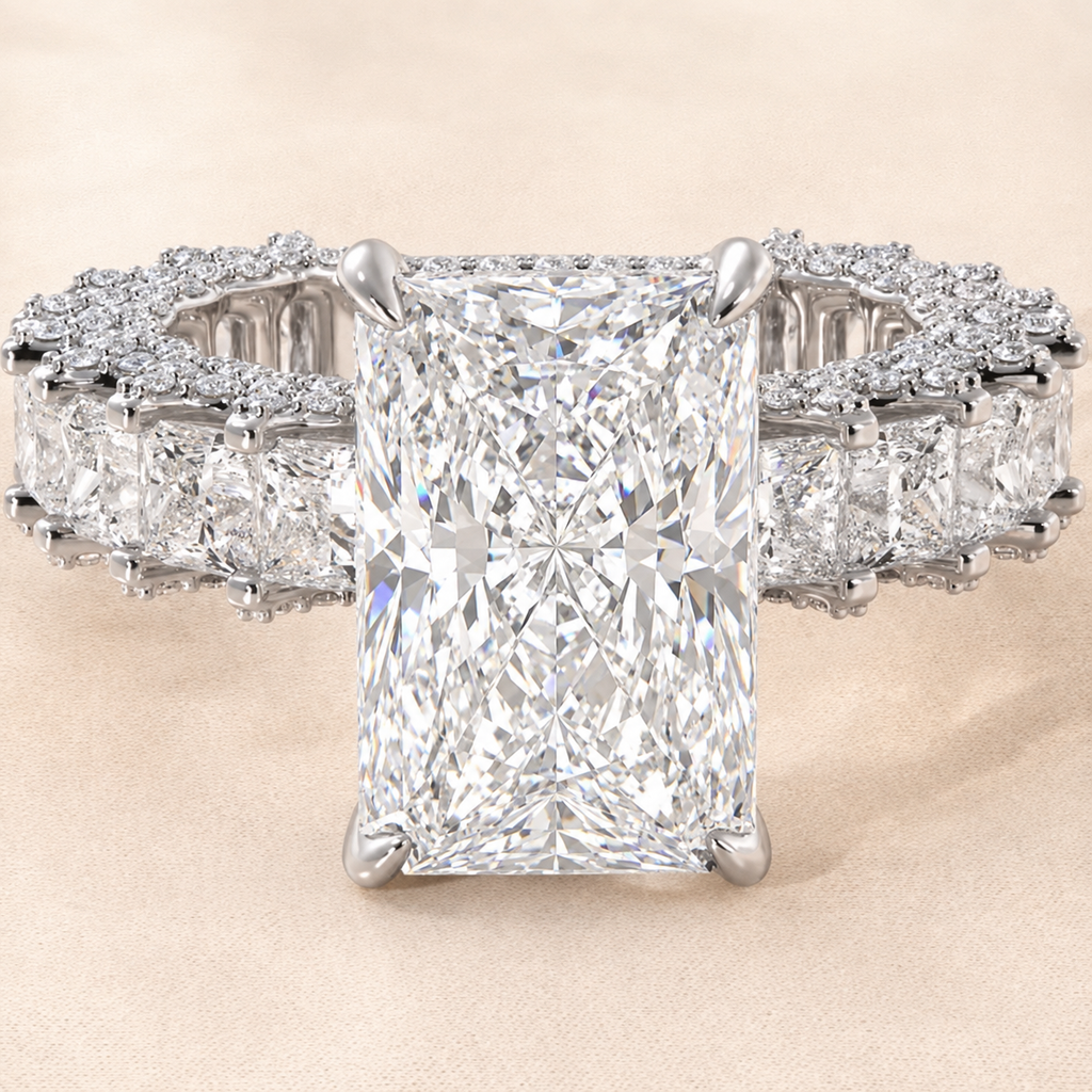 Radiant Cut Engagement Ring with Princess Cut Side Diamonds Iced Out