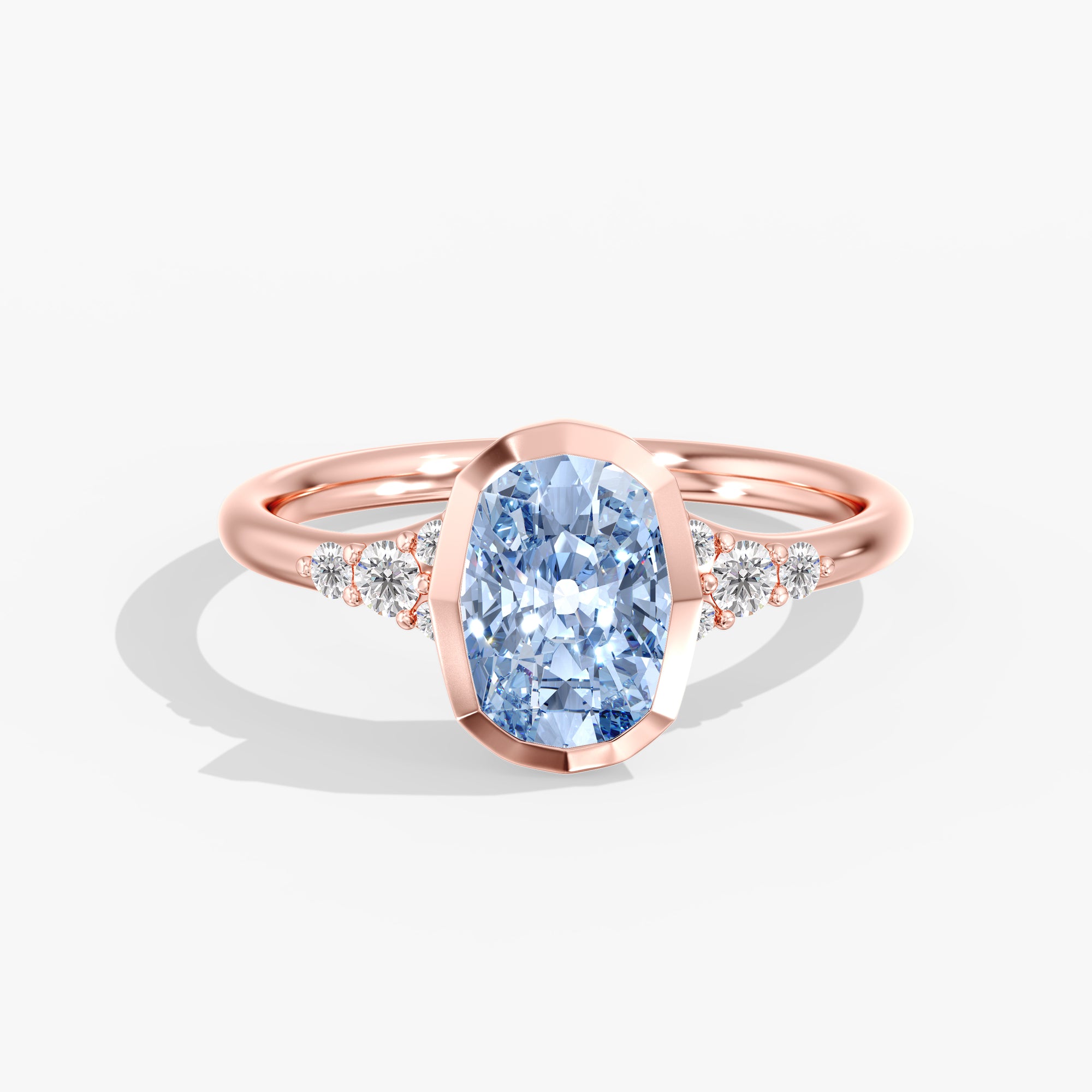 Rose Gold Artic Glow Elongated Cushion Blue Diamond Bezel Ring Front View