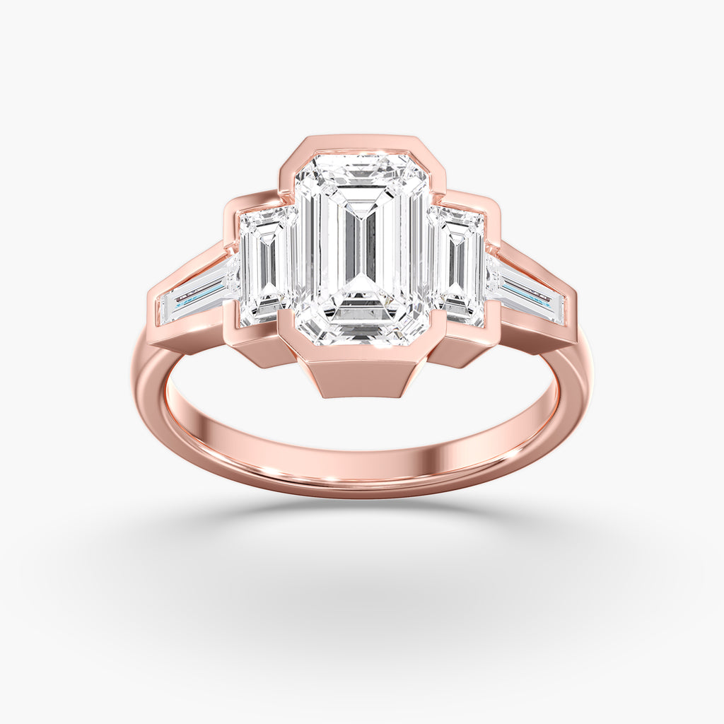 Rose Gold Emerald Cut Diamond 5 Stone Bezel Ring