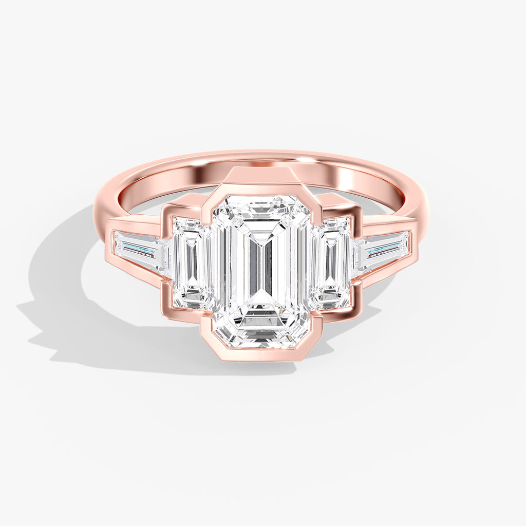 Rose Gold Emerald Cut Diamond 5 Stone Bezel Ring Front View 