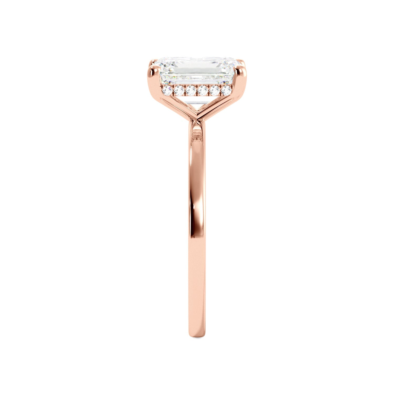 Rose Gold Emerald Cut Diamond Hidden Halo Solitaire Engagement Ring Side