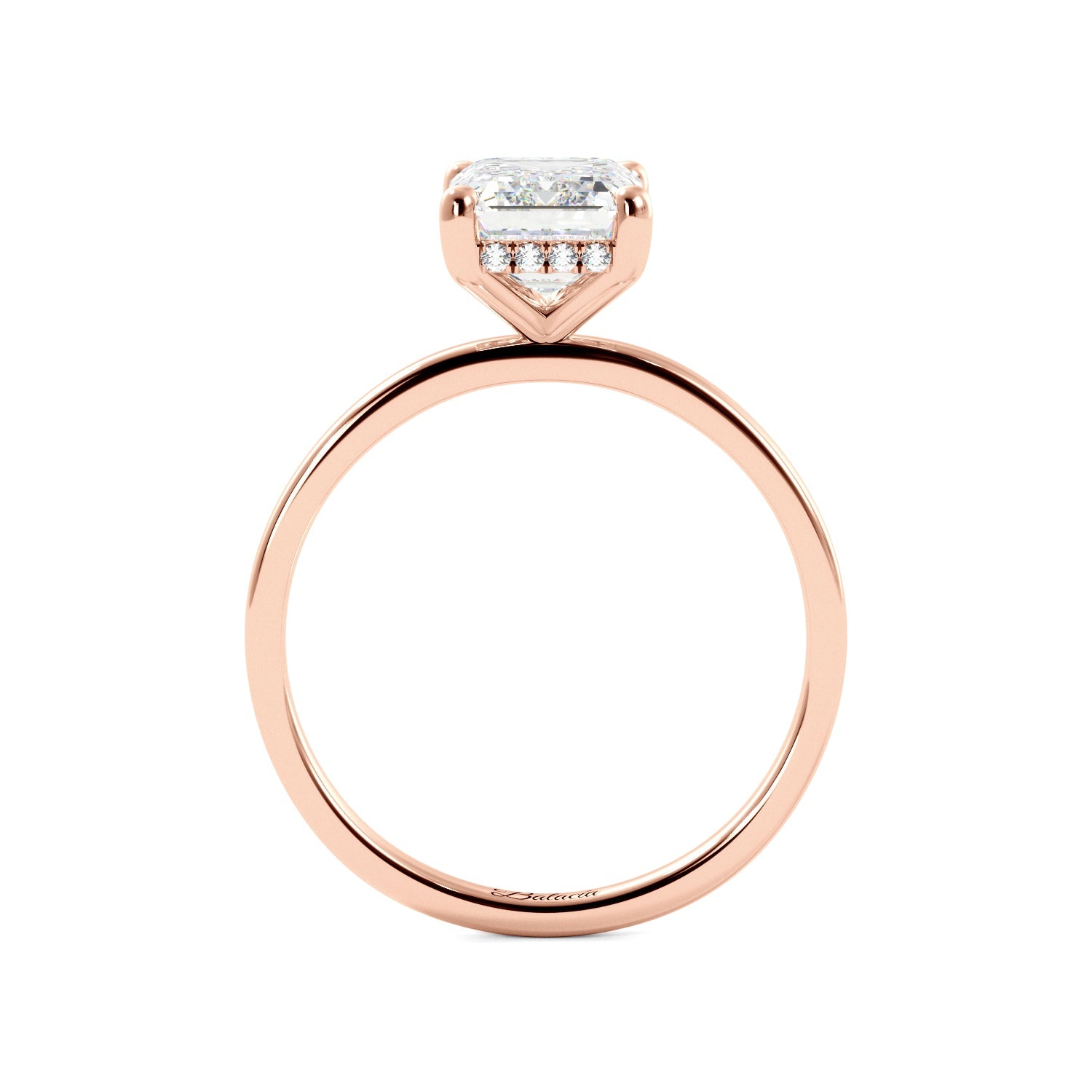 Rose Gold Emerald Cut Diamond Hidden Halo Solitaire Engagement Ring Side View