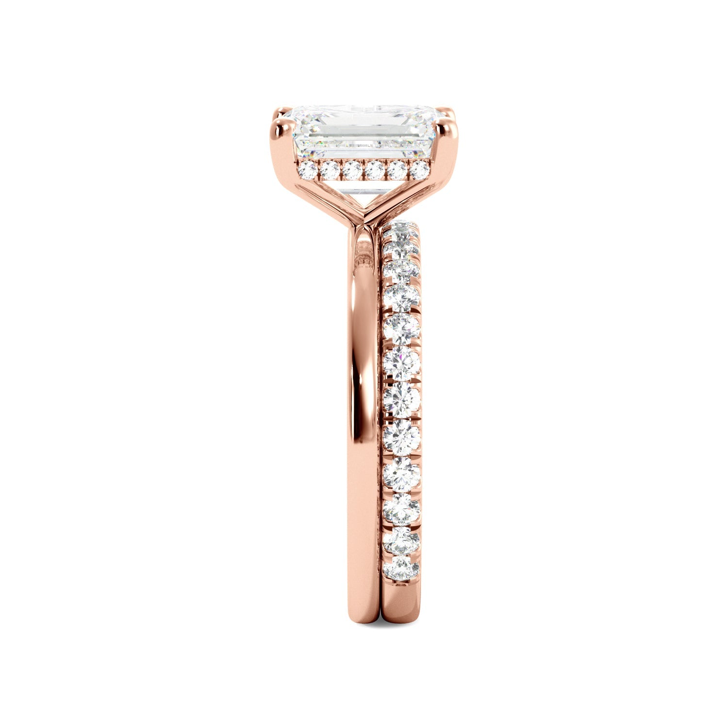Rose Gold Emerald Cut Diamond Solitaire Engagement Ring Set with Hidden Halo Side View