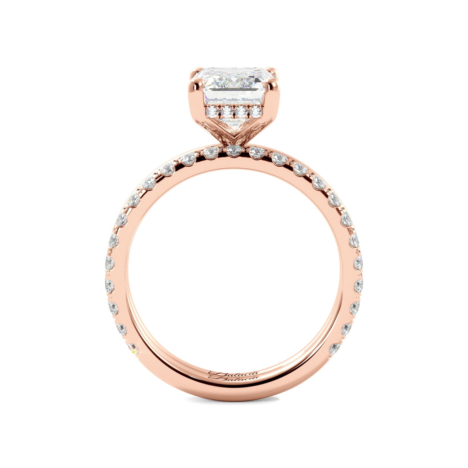Rose Gold Emerald Cut Diamond Solitaire Engagement Ring with Hidden Halo Side View