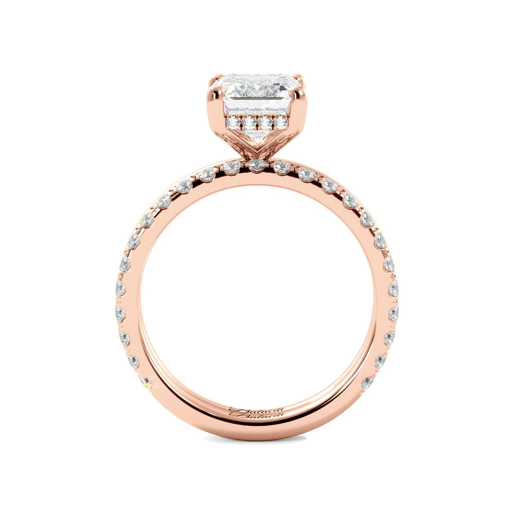 Rose Gold Emerald Cut Diamond Solitaire Engagement Ring with Hidden Halo Side View