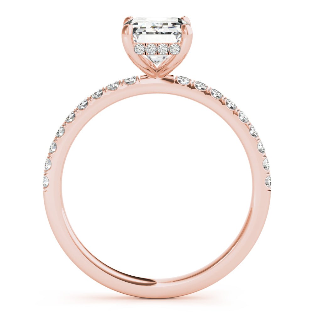 Rose Gold Emerald Cut Hidden Halo Engagement Ring Side View