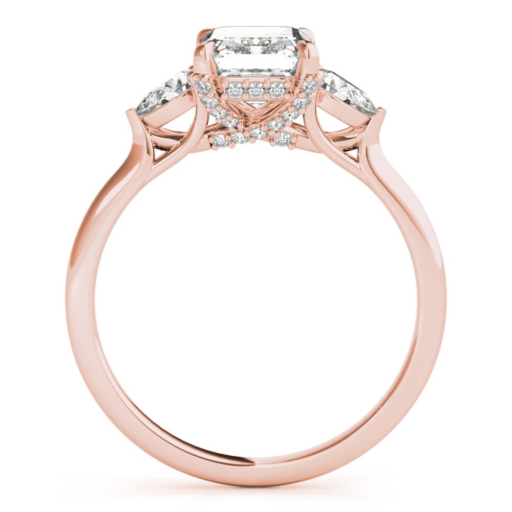 Rose Gold Emerald Cut with Pear Sides Three Stone Engagement Ring Side