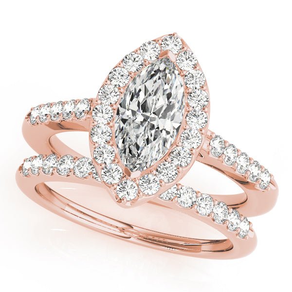 Rose Gold Marquise Diamond Halo Engagement Ring Set