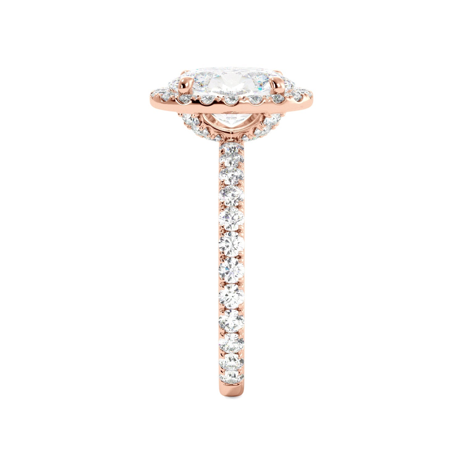 Rose Gold Oval Diamond Halo Engagement Ring Side View