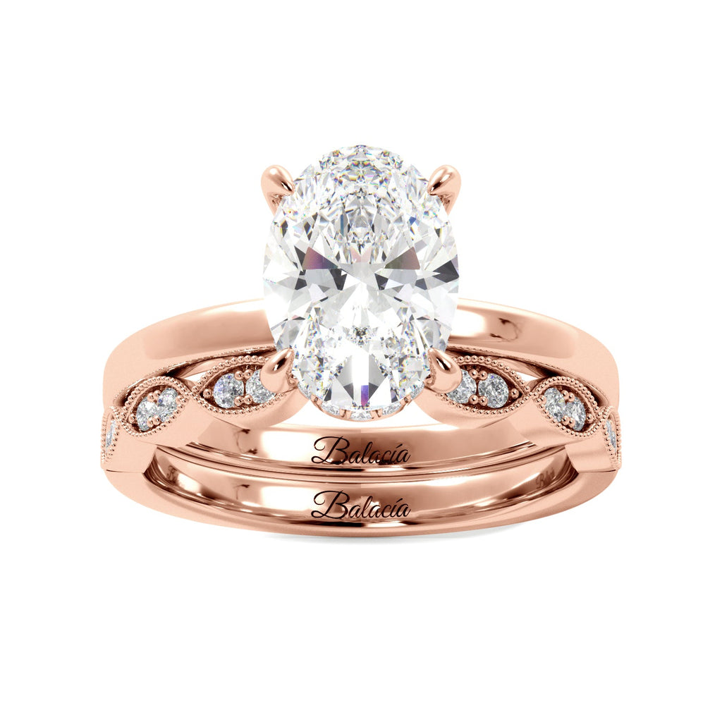 Rose Gold Oval Diamond Solitaire Hidden Halo Engagement Ring Set