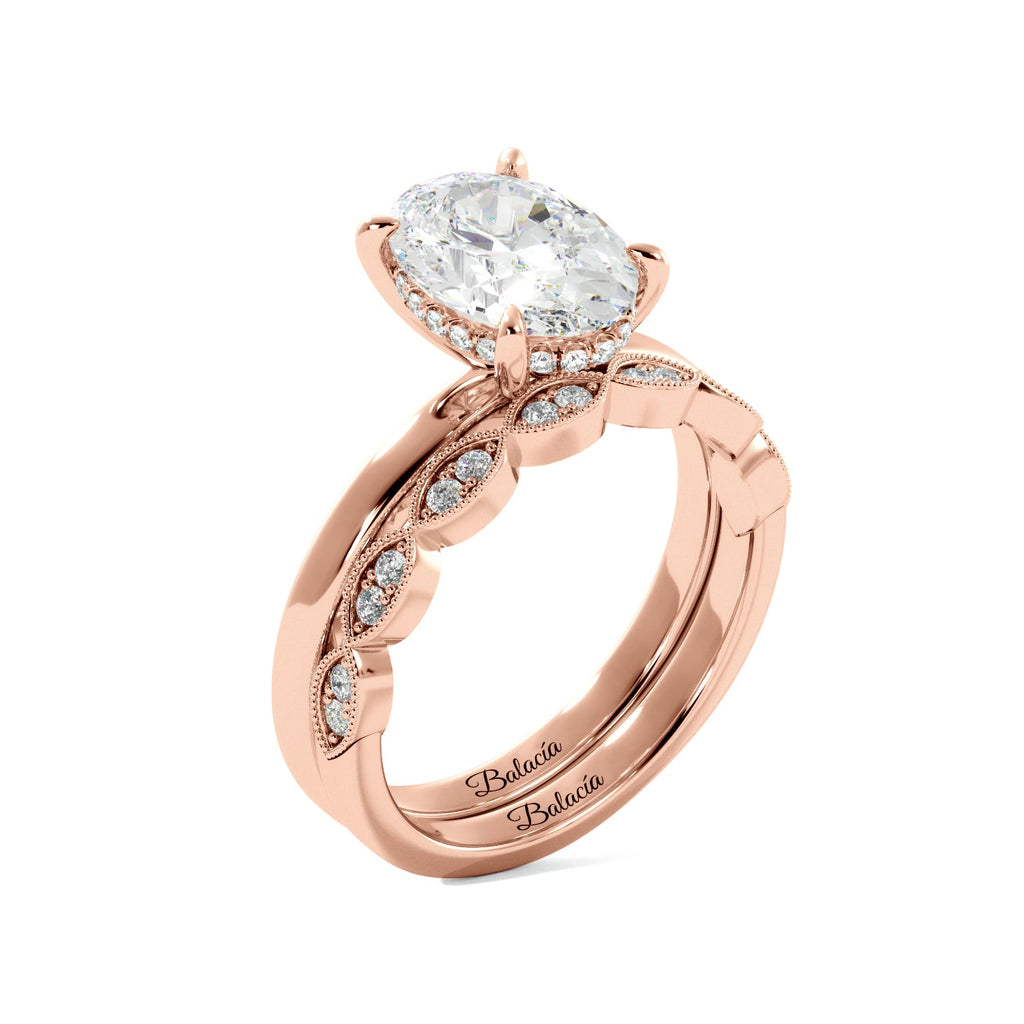 Rose Gold Oval Diamond Solitaire Hidden Halo Engagement Ring Set Side