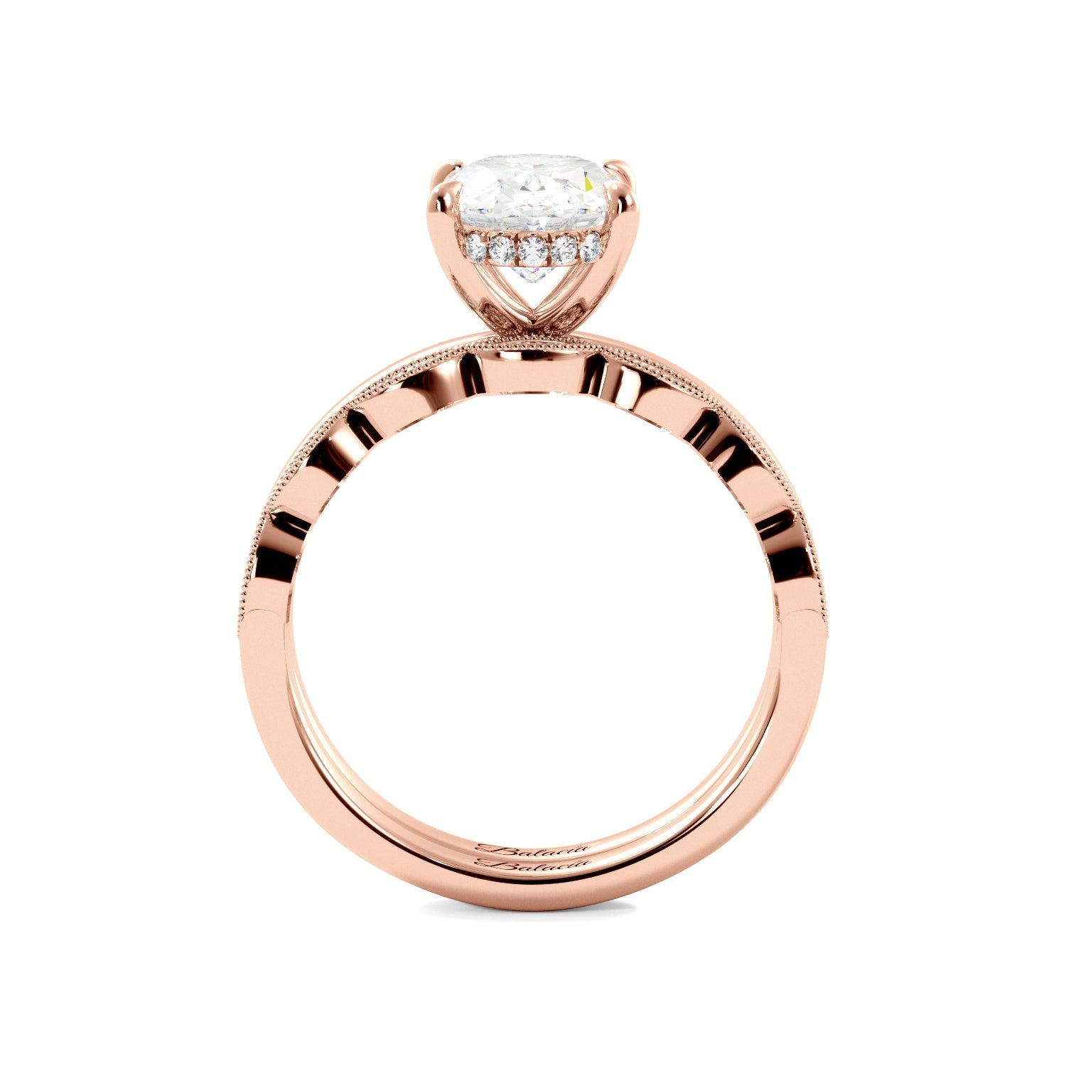 Rose Gold Oval Diamond Solitaire Hidden Halo Engagement Ring Set Side View