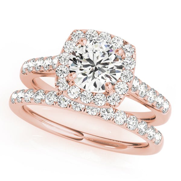 Rose Gold Round Diamond Cushion Halo Engagement Ring Set