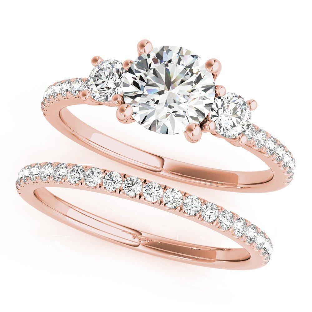 Rose Gold Round Three Stone Engagement Ring Set