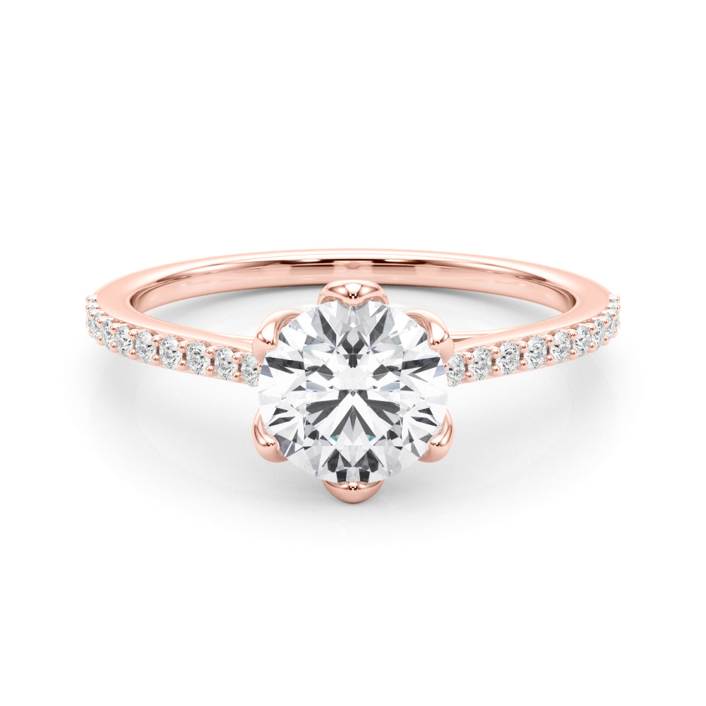 Round Diamond Six Petal Prong Engagement Ring Rose Gold Front