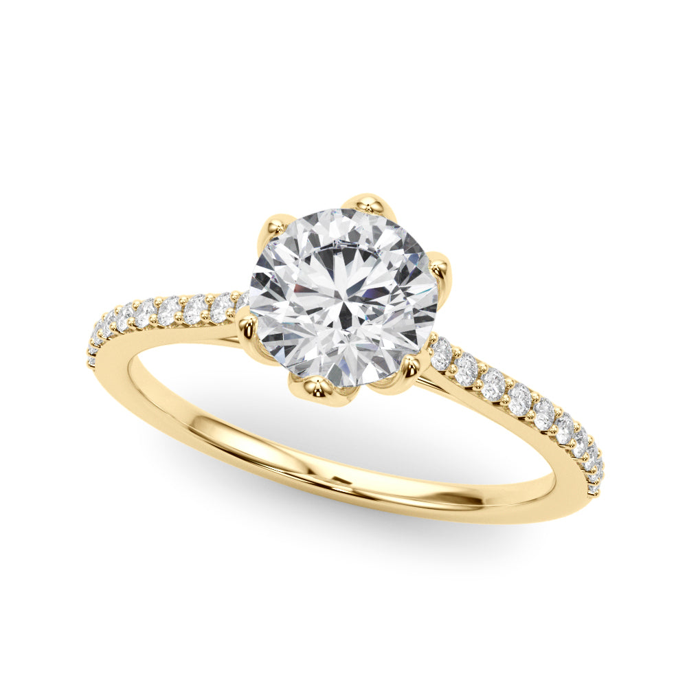 Round Diamond Six Petal Prong Engagement Ring Yellow Gold