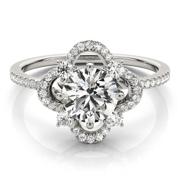 Round Floral Halo White Gold Engagement Ring