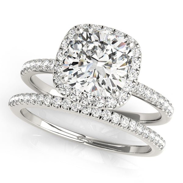 White Gold Cushion Cut Diamond Halo Engagement Ring Set