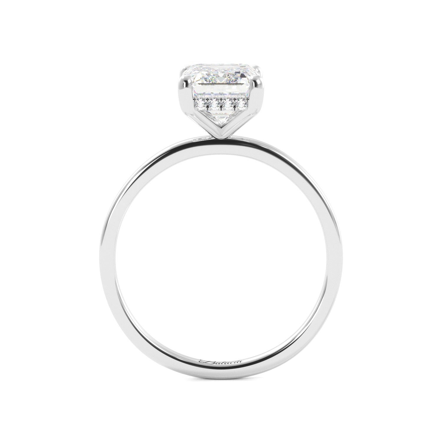 White Gold Emerald Cut Diamond Hidden Halo Solitaire Engagement Ring Side