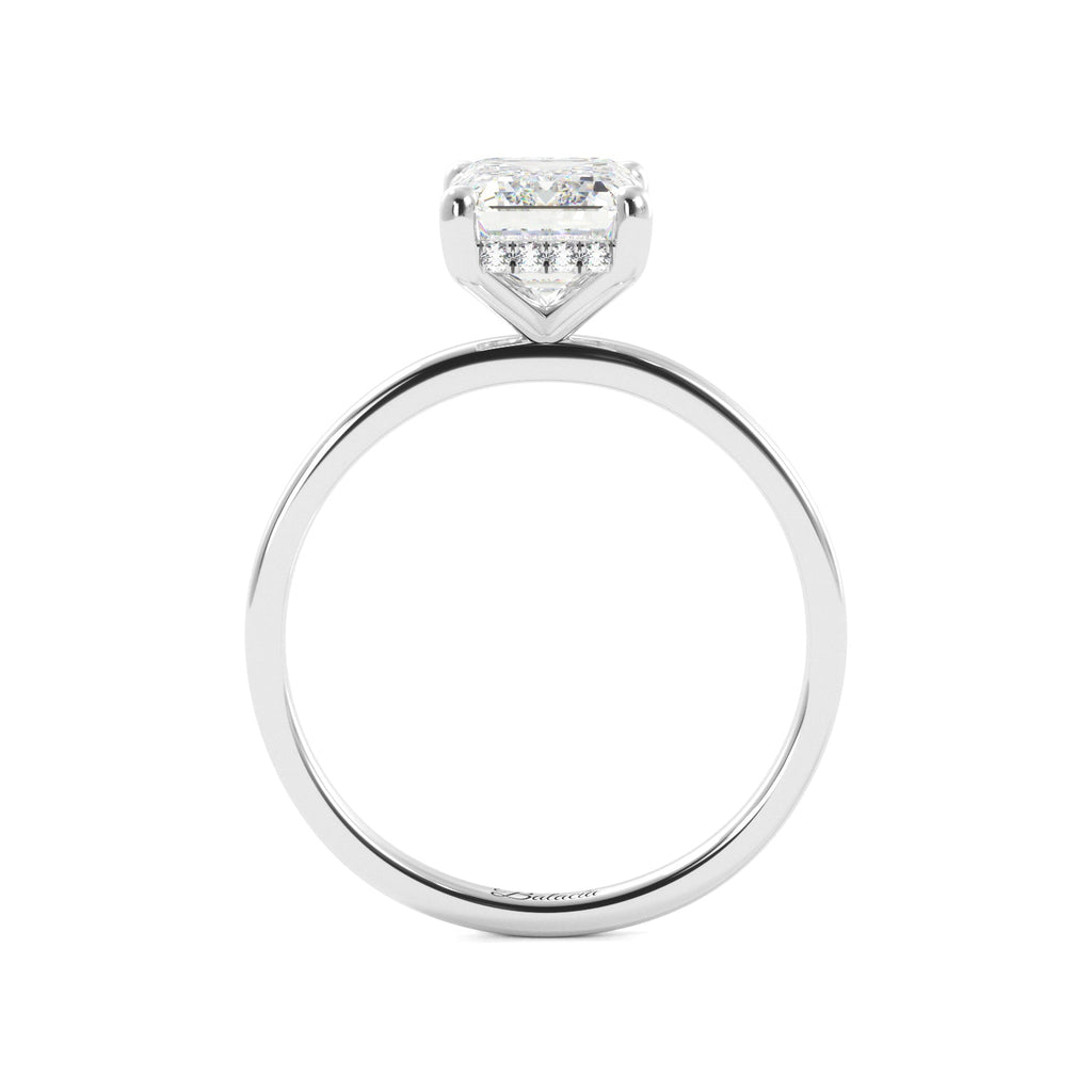 White Gold Emerald Cut Diamond Hidden Halo Solitaire Engagement Ring Side