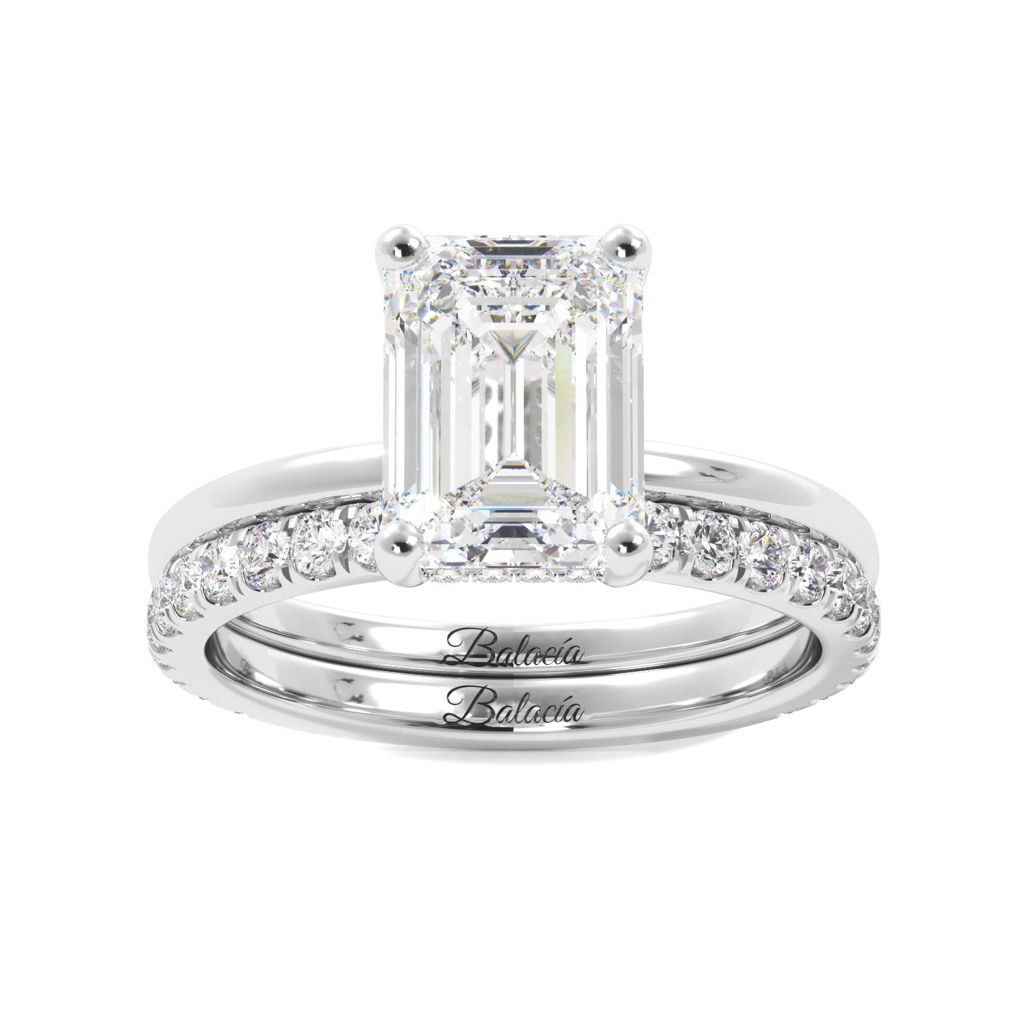 Emerald Cut with Hidden Halo Diamond Engagement Ring Set - Balacia