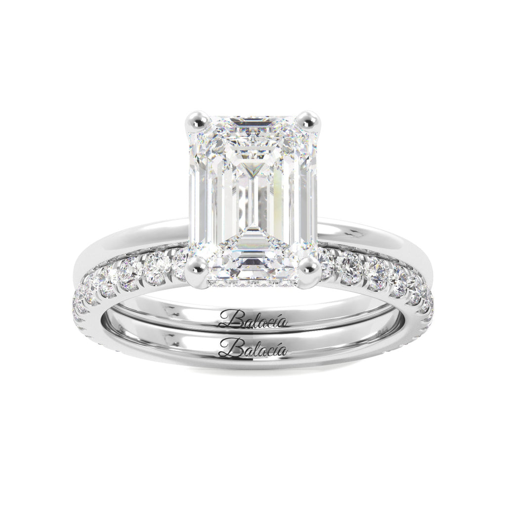 Emerald Cut with Hidden Halo Diamond Engagement Ring Set - Balacia