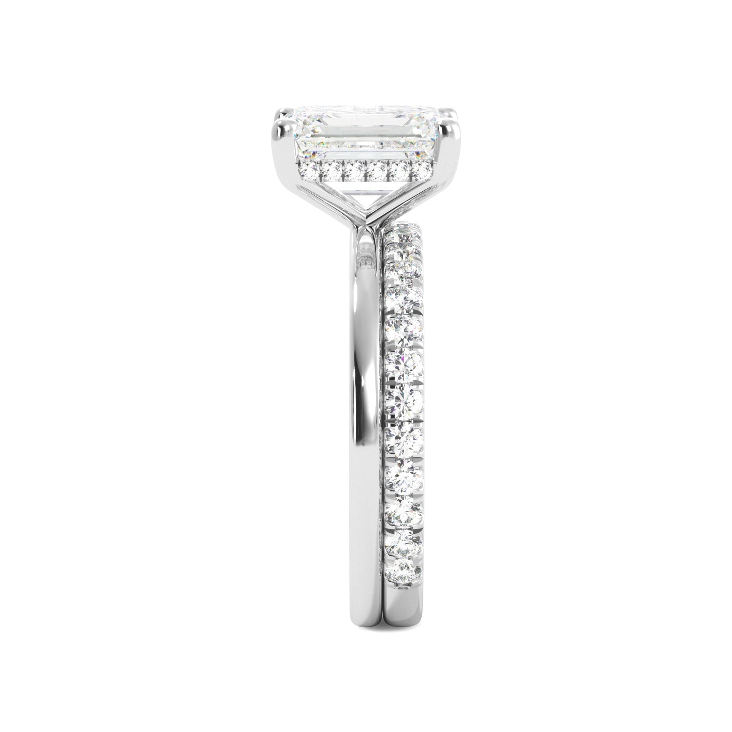 White Gold Emerald Cut Diamond Solitaire Engagement Ring Set with Hidden Halo Side View