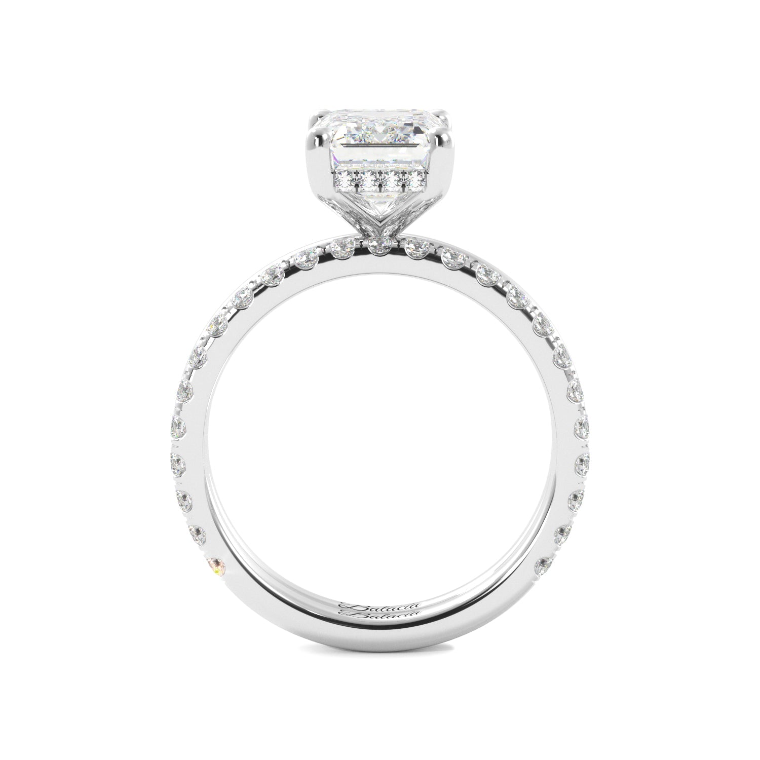 White Gold Emerald Cut Diamond Solitaire Engagement Ring with Hidden Halo