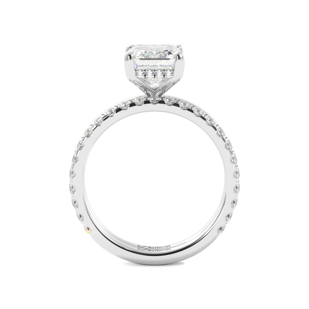 White Gold Emerald Cut Diamond Solitaire Engagement Ring with Hidden Halo