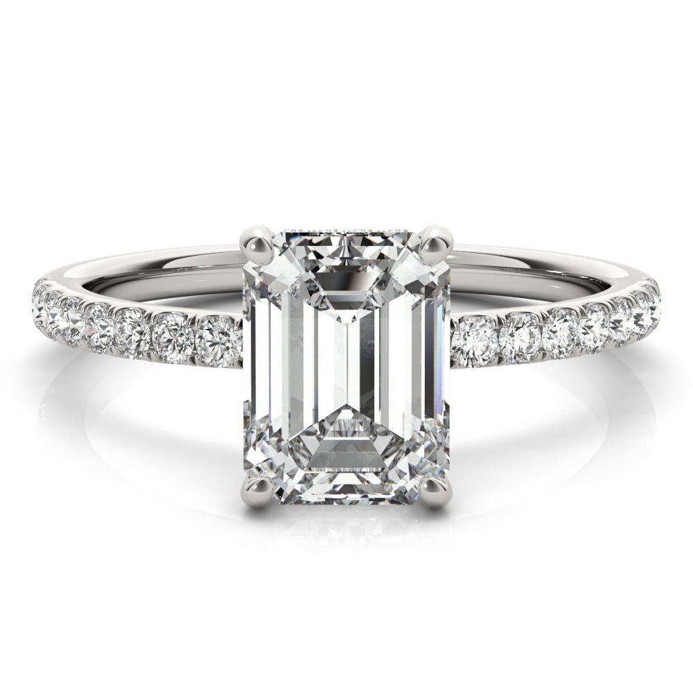 White Gold Emerald Cut Hidden Halo Engagement Ring