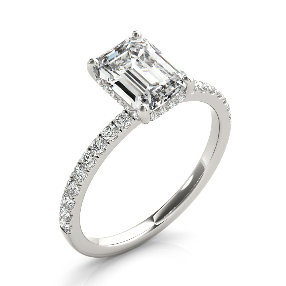 White Gold Emerald Cut Hidden Halo Engagement Ring Side