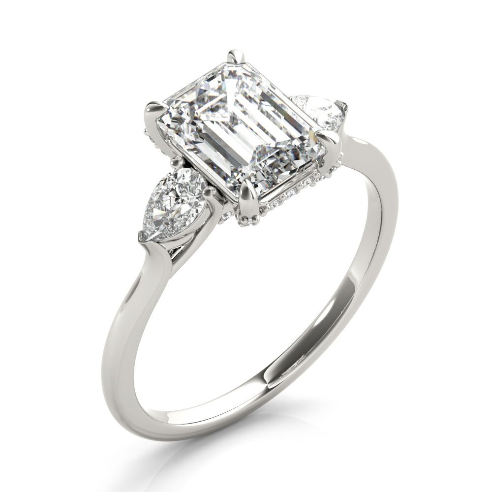 White Gold Emerald Cut with Pear Sides Three Stone Engagement Ring Side View