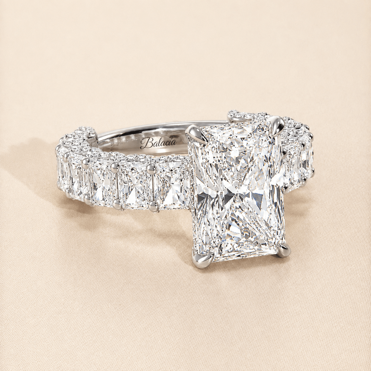 White Gold Iced Out Radiant Cut Diamond Engagement Ring with Radiant Cut Side Diamonds