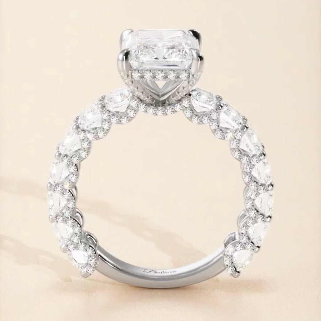 White Gold Iced Out Radiant Cut Diamond Engagement Ring with Radiant Cut Side Diamonds Side View