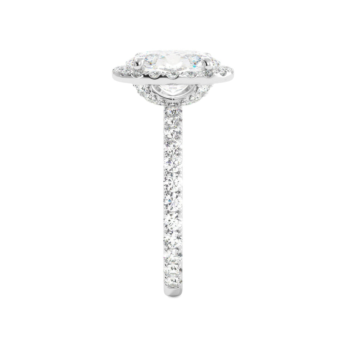 White Gold Oval Diamond Halo Engagement Ring Side View