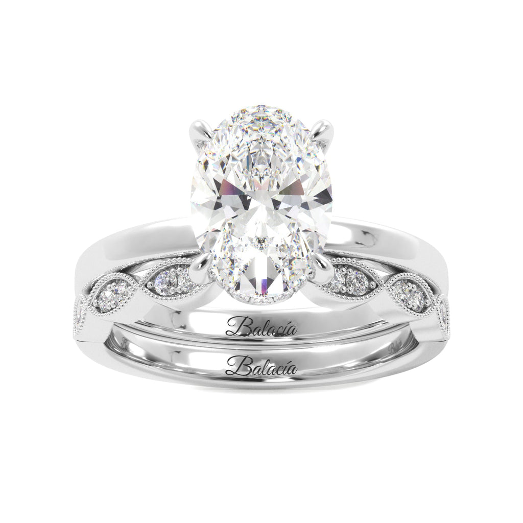 White Gold Oval Diamond Solitaire Hidden Halo Engagement Ring Set