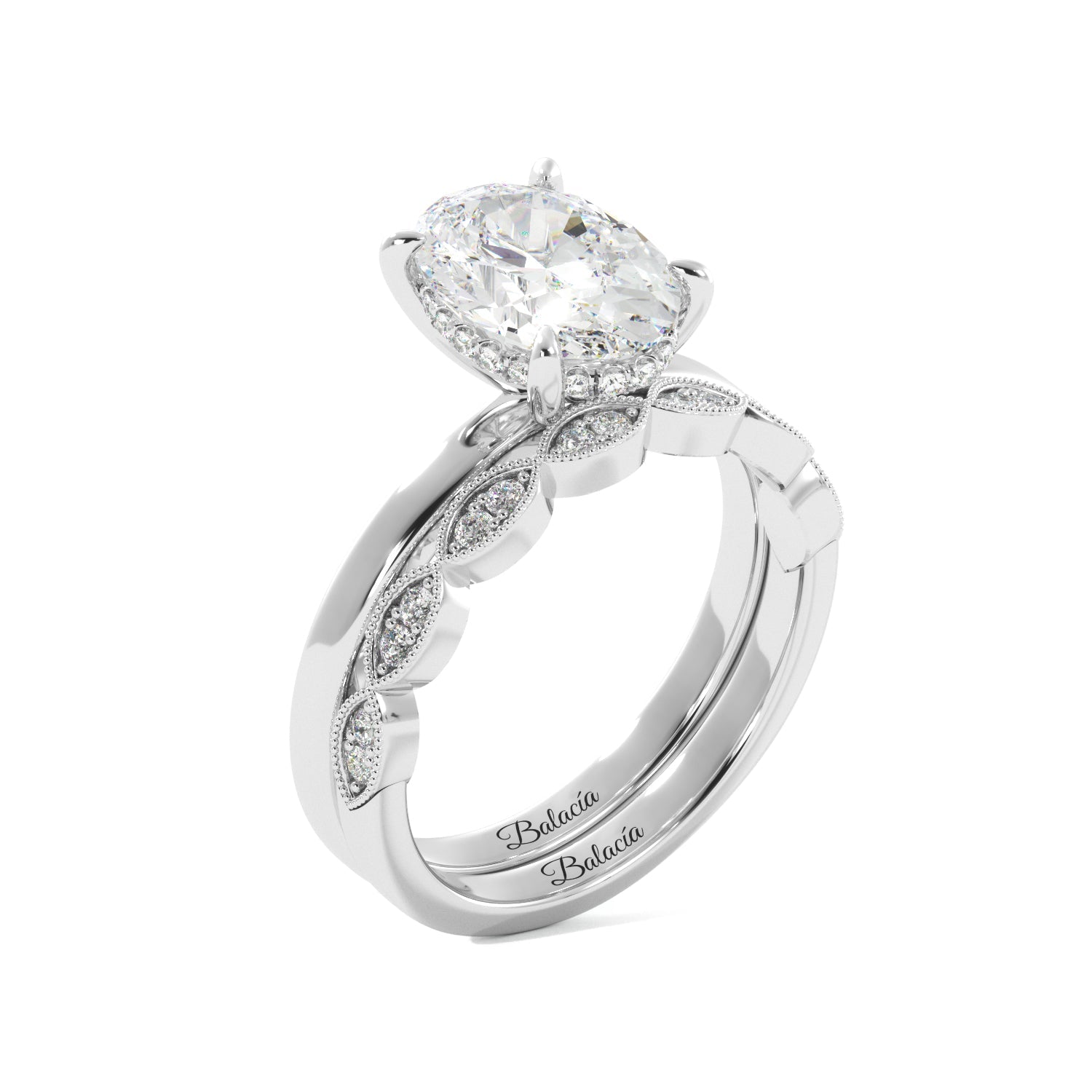 White Gold Oval Diamond Solitaire Hidden Halo Engagement Ring Set Side