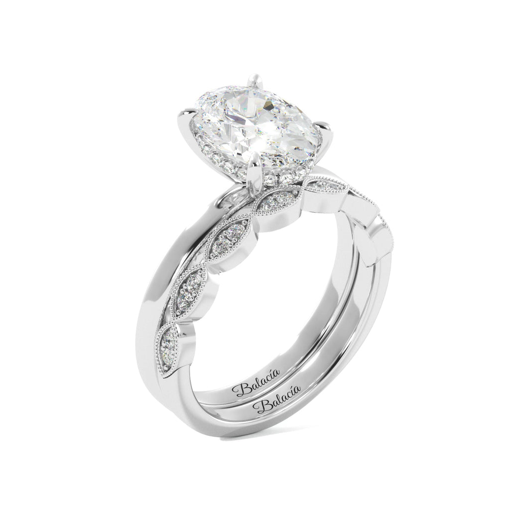 White Gold Oval Diamond Solitaire Hidden Halo Engagement Ring Set Side